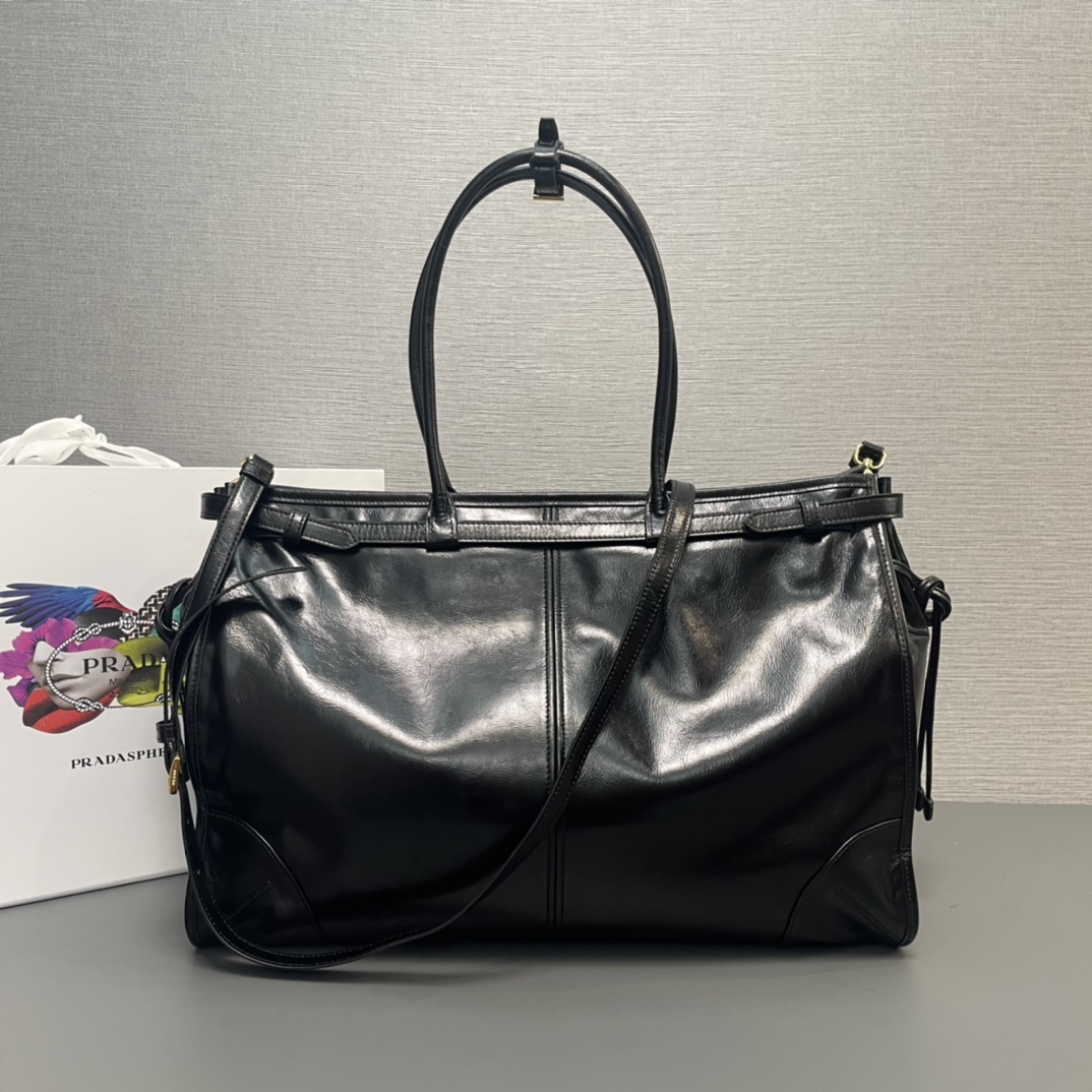 Prada Large LusSolf Leather Handbag Bag Tote Black 1BA439